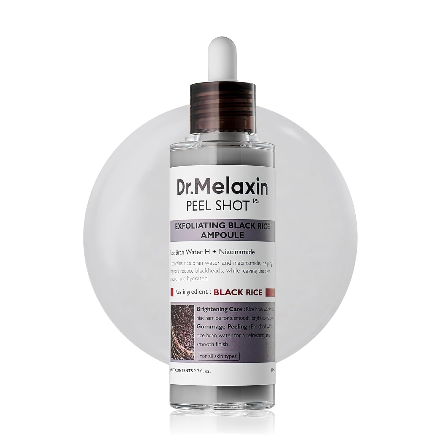 Dr. Melaxin Peel Shot Glow Rice Peeling Ampoule 80ml gently exfoliates dead skin cells, removes blackheads & brightens skin for all skin types.
